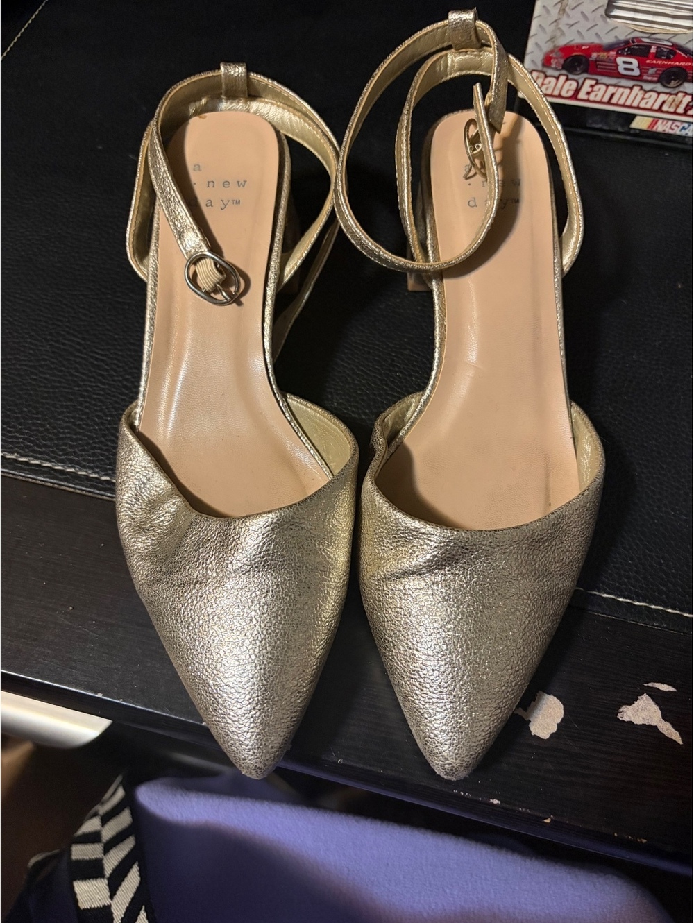 A New Day Gold Pointed Toe Ankle Strap Block Heel Shoes Size 6